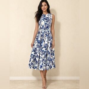 Eliza J Blue White Floral Fit & Flare Midi Dress sleeveless pockets cottage 4